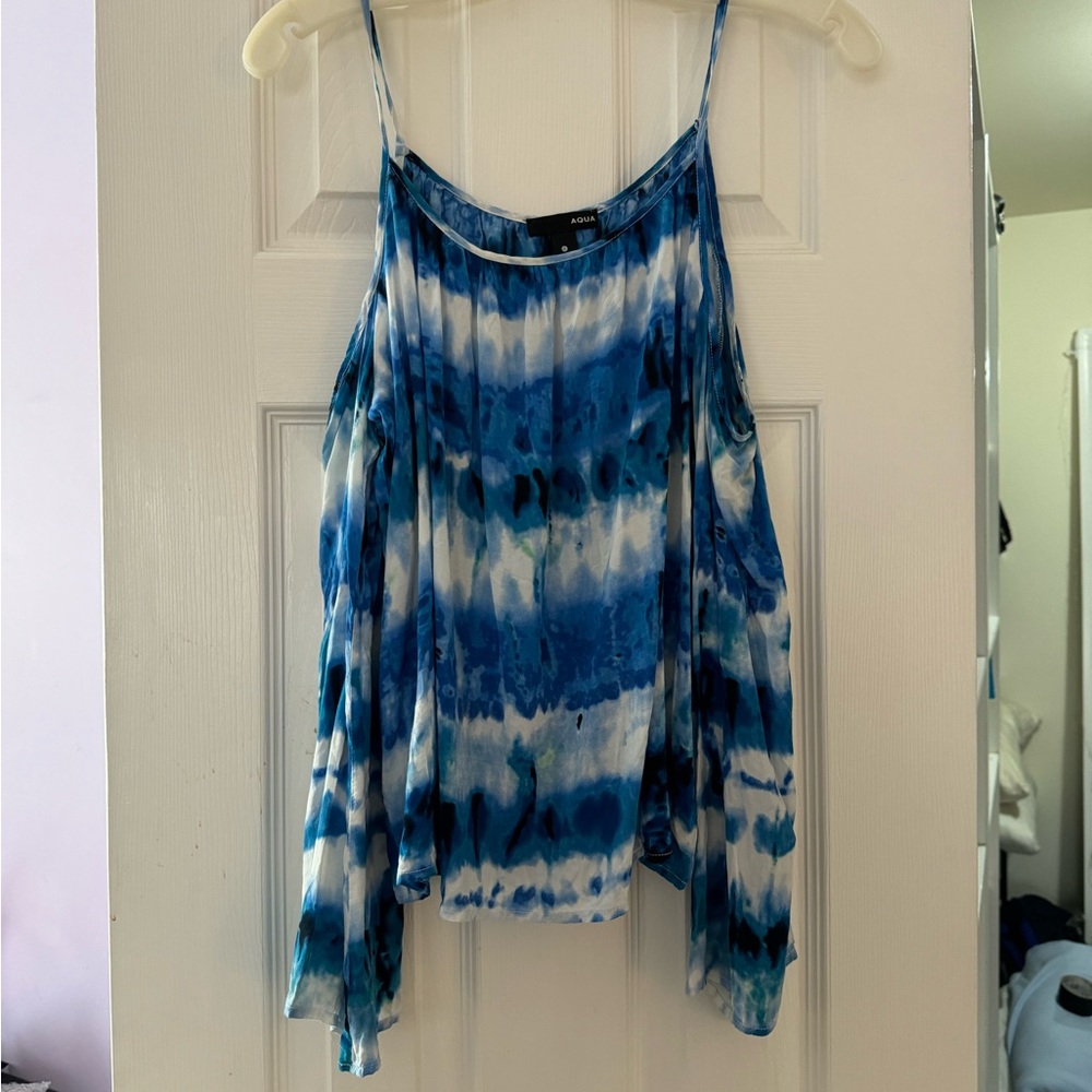 AQUA Blue & White Tie-Dye Cold Shoulder Top